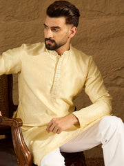 Ethnic Bay Men Beige Silk Blend Solid Printed Straight Kurta with Trouser-MKSET1650