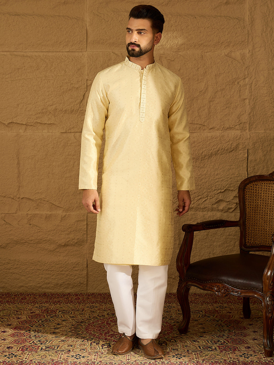 Ethnic Bay Men Beige Silk Blend Solid Printed Straight Kurta with Trouser-MKSET1650