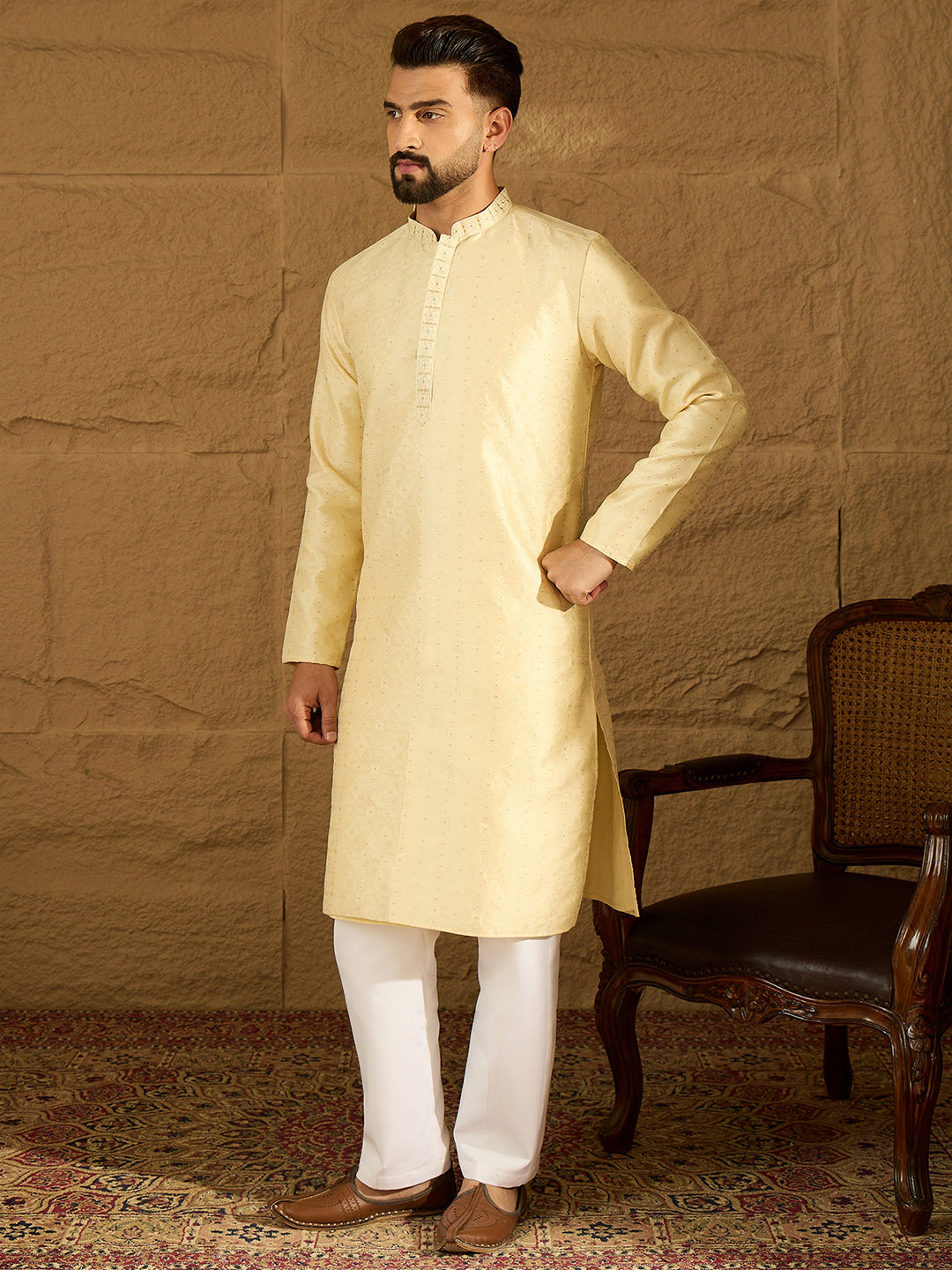 Ethnic Bay Men Beige Silk Blend Solid Printed Straight Kurta with Trouser-MKSET1650