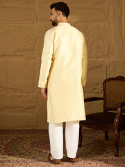Ethnic Bay Men Beige Silk Blend Solid Printed Straight Kurta with Trouser-MKSET1650