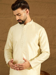 Ethnic Bay Men Yellow Silk Blend Solid Printed Straight Kurta with Trouser-MKSET1651