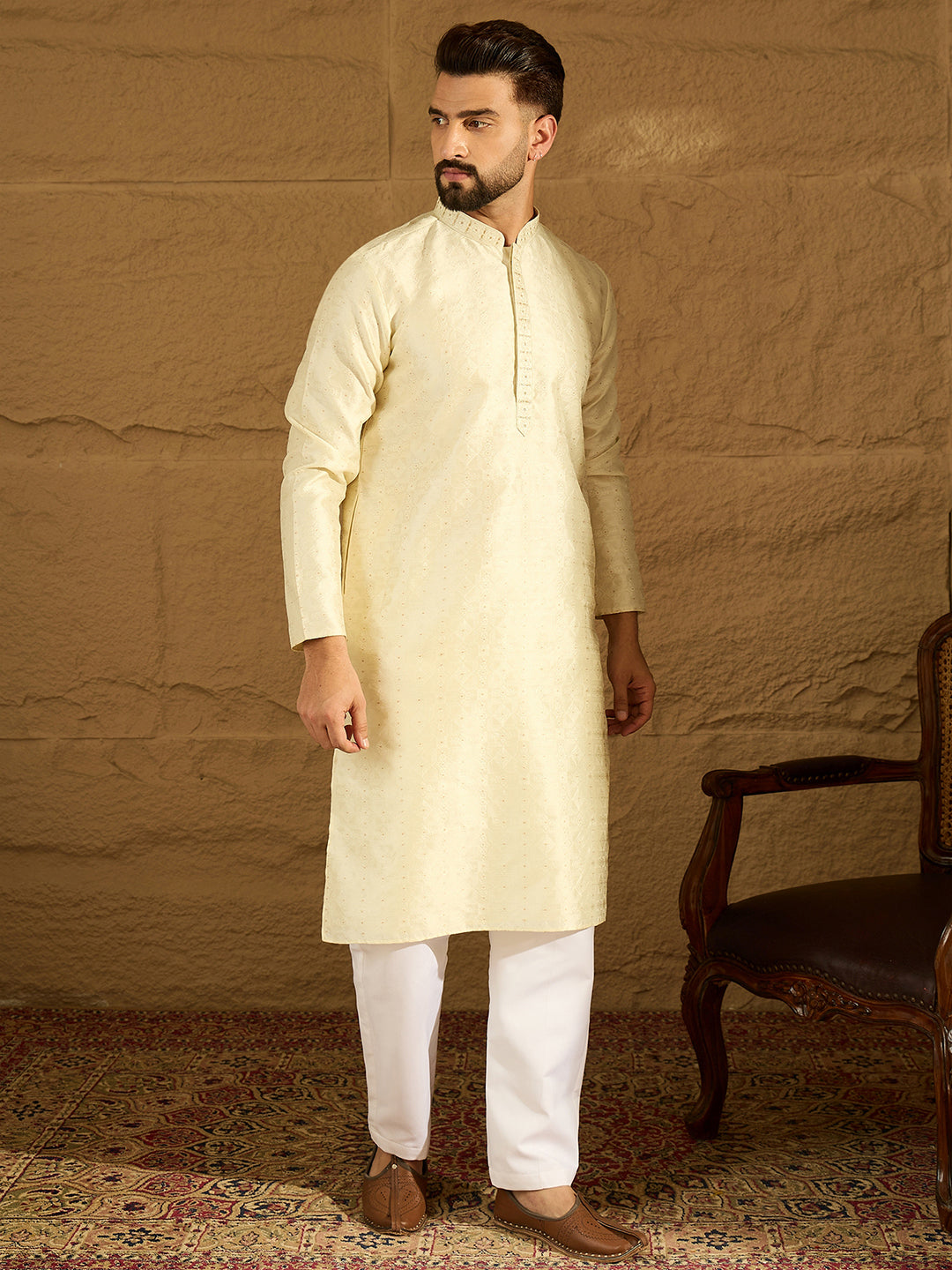 Ethnic Bay Men Yellow Silk Blend Solid Printed Straight Kurta with Trouser-MKSET1651