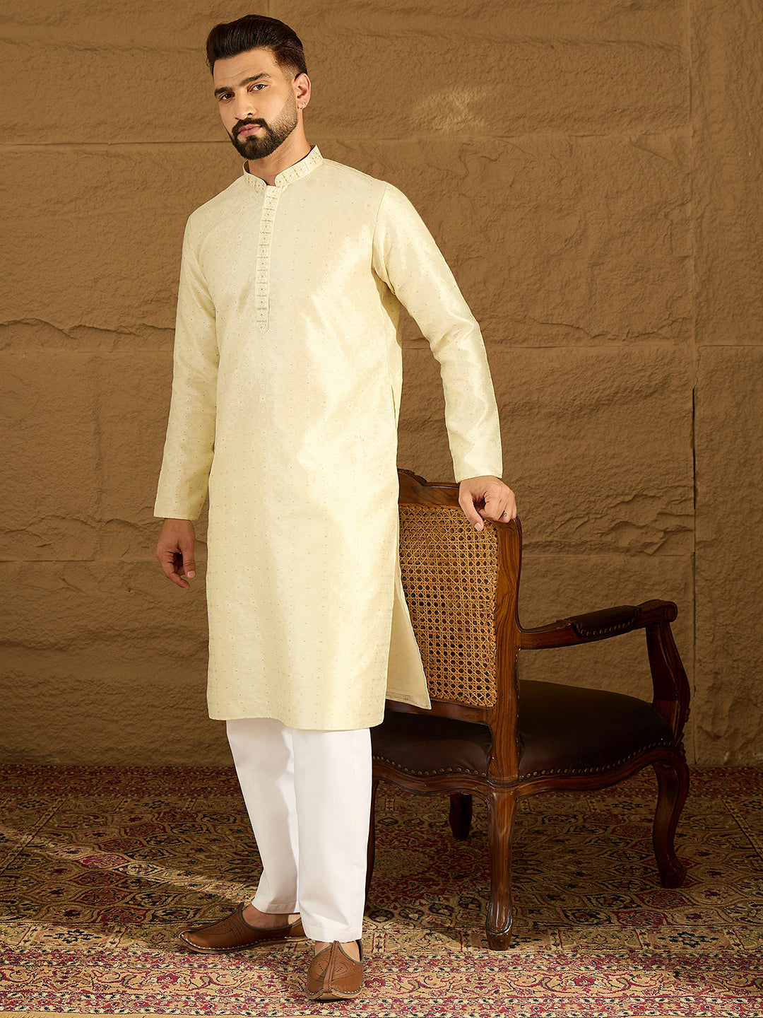 Ethnic Bay Men Yellow Silk Blend Solid Printed Straight Kurta with Trouser-MKSET1651