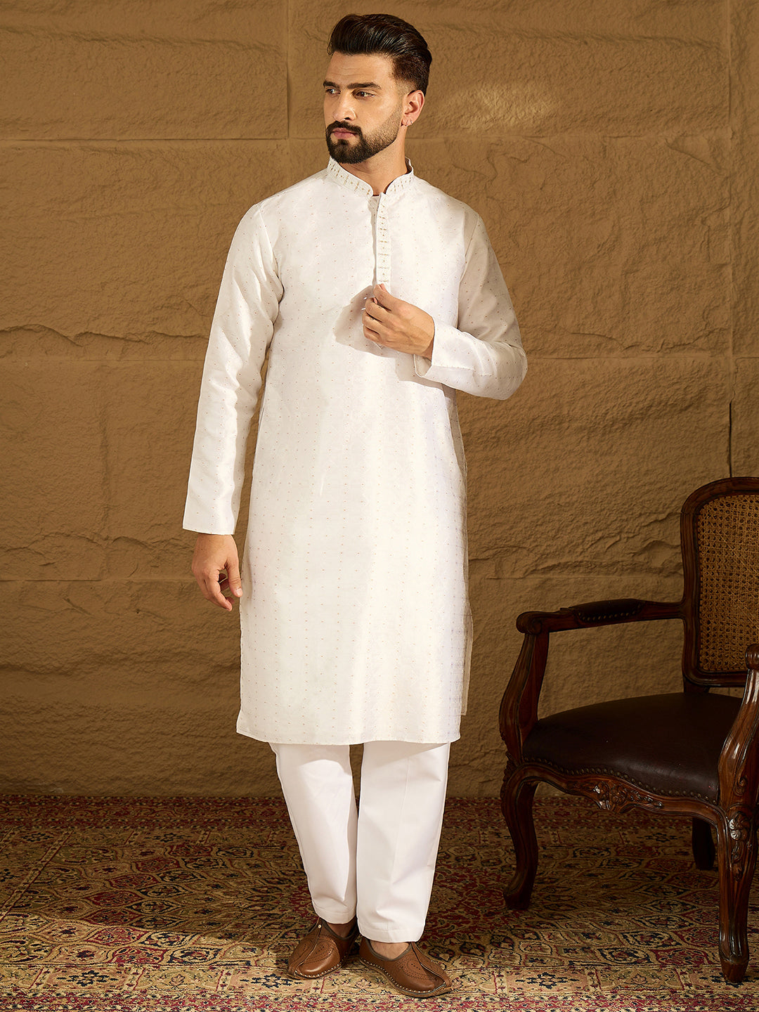 Ethnic Bay Men White Silk Blend Solid Printed Straight Kurta with Trouser-MKSET1652