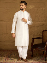 Ethnic Bay Men White Silk Blend Solid Printed Straight Kurta with Trouser-MKSET1652