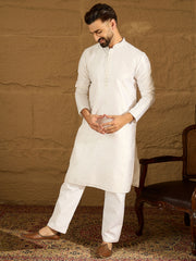 Ethnic Bay Men White Silk Blend Solid Printed Straight Kurta with Trouser-MKSET1652
