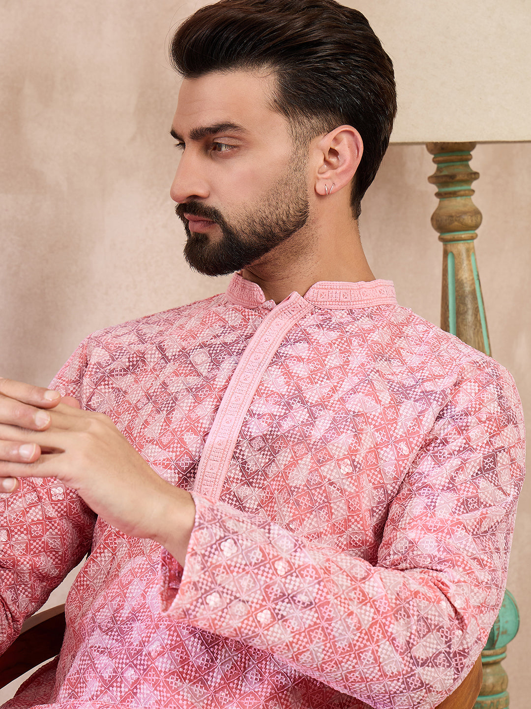 Ethnic Bay Men Pink Viscose Rayon Ethnic Motifs Embroidered Straight Kurta With Trouser