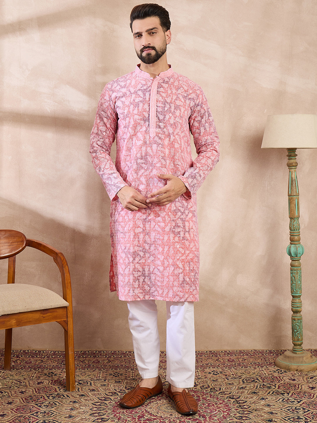 Ethnic Bay Men Pink Viscose Rayon Ethnic Motifs Embroidered Straight Kurta With Trouser