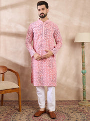 Ethnic Bay Men Pink Viscose Rayon Ethnic Motifs Embroidered Straight Kurta With Trouser-MKSET1654