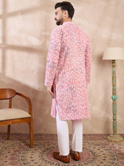 Ethnic Bay Men Pink Viscose Rayon Ethnic Motifs Embroidered Straight Kurta With Trouser-MKSET1654