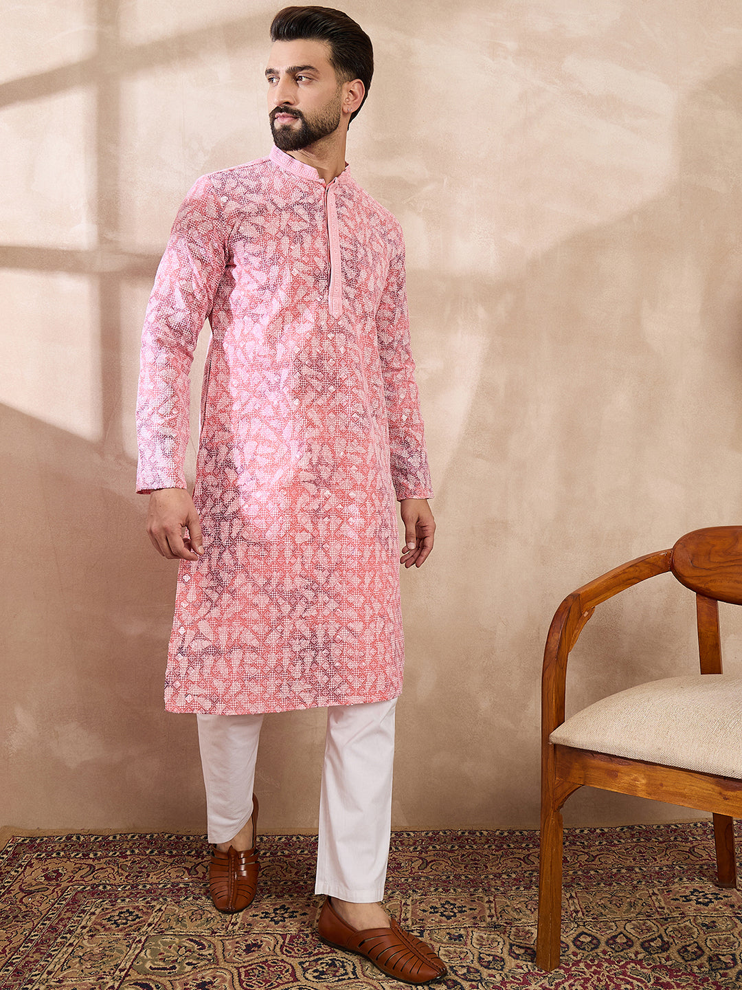 Ethnic Bay Men Pink Viscose Rayon Ethnic Motifs Embroidered Straight Kurta With Trouser