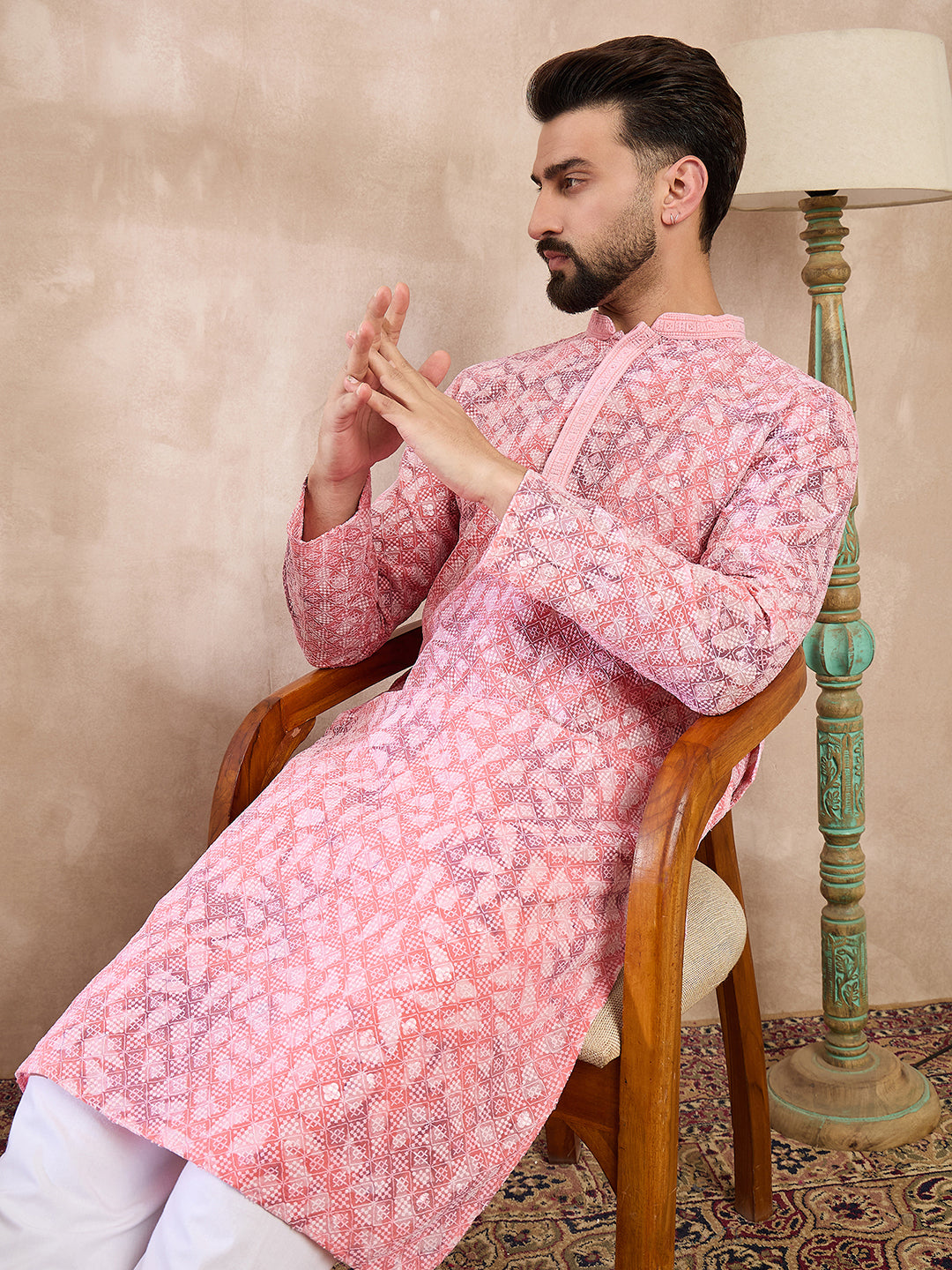 Ethnic Bay Men Pink Viscose Rayon Ethnic Motifs Embroidered Straight Kurta With Trouser
