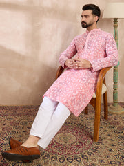 Ethnic Bay Men Pink Viscose Rayon Ethnic Motifs Embroidered Straight Kurta With Trouser-MKSET1654