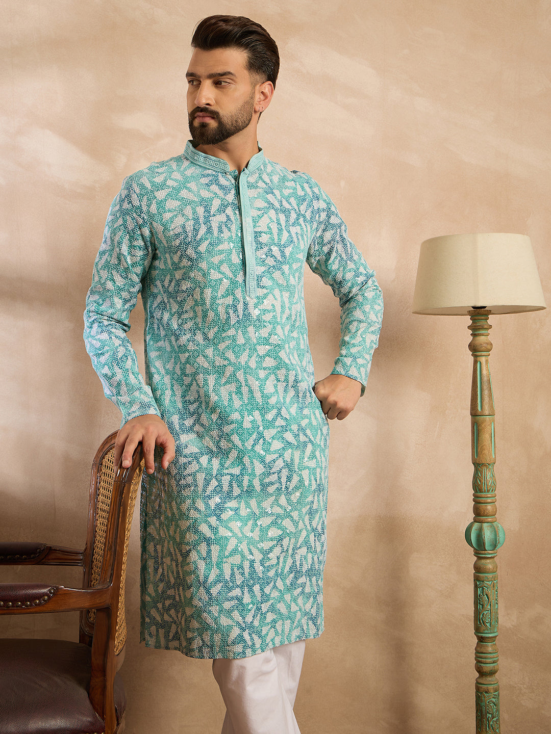Ethnic Bay Men Teal Viscose Rayon Solid Printed Straight Kurta Sets