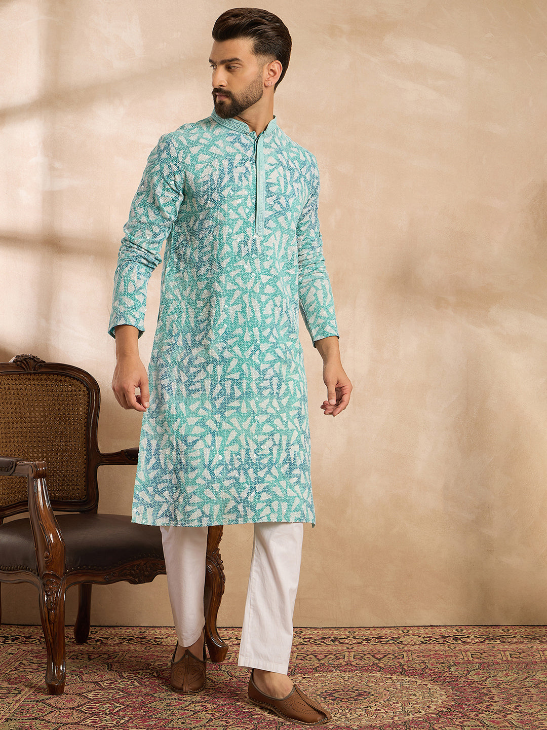 Ethnic Bay Men Teal Viscose Rayon Solid Printed Straight Kurta Sets