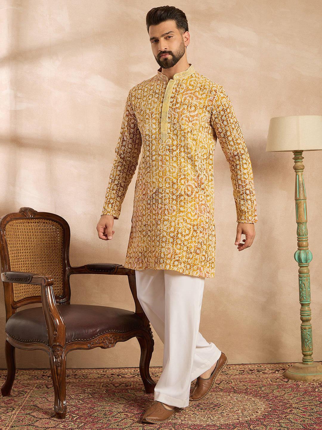 Ethnic Bay Men Yellow Viscose Rayon Batik Embroidered Straight Kurta Sets