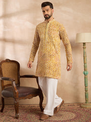 Ethnic Bay Men Yellow Viscose Rayon Batik Embroidered Straight Kurta Sets-MKSET1656