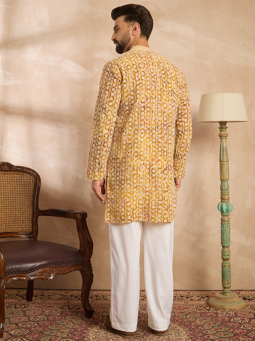 Ethnic Bay Men Yellow Viscose Rayon Batik Embroidered Straight Kurta Sets