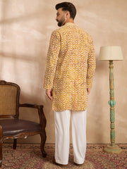 Ethnic Bay Men Yellow Viscose Rayon Batik Embroidered Straight Kurta Sets-MKSET1656