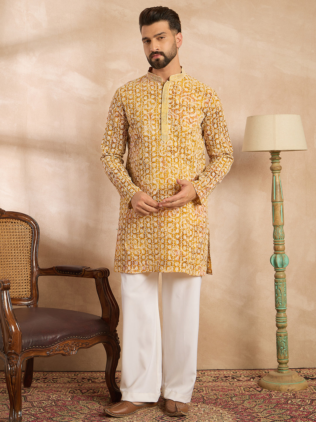 Ethnic Bay Men Yellow Viscose Rayon Batik Embroidered Straight Kurta Sets