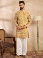 Ethnic Bay Men Yellow Viscose Rayon Batik Embroidered Straight Kurta Sets-MKSET1656