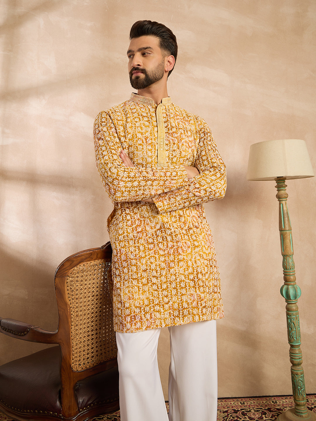 Ethnic Bay Men Yellow Viscose Rayon Batik Embroidered Straight Kurta Sets