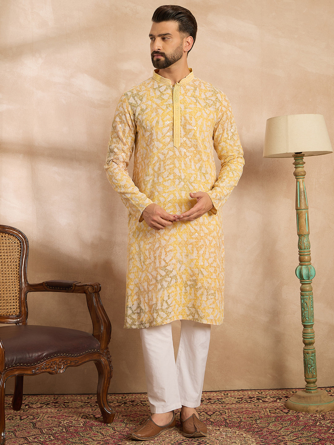 Ethnic Bay Men Yellow Viscose Rayon Solid Printed Straight Kurta Sets