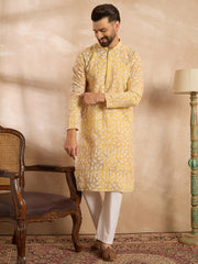 Ethnic Bay Men Yellow Viscose Rayon Solid Printed Straight Kurta Sets-MKSET1657
