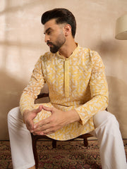 Ethnic Bay Men Yellow Viscose Rayon Solid Printed Straight Kurta Sets-MKSET1657