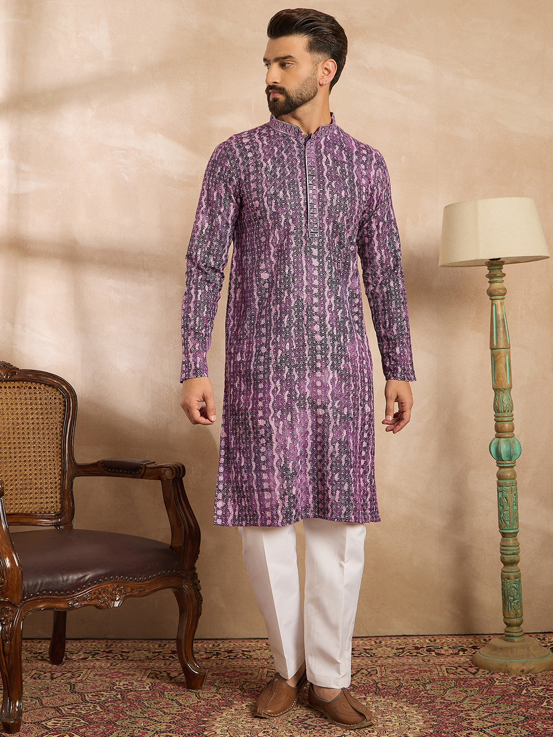 Ethnic Bay Men Purple Viscose Rayon Solid Printed Straight Kurta Sets