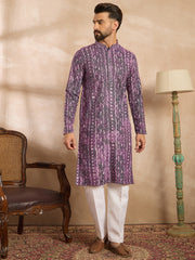 Ethnic Bay Men Purple Viscose Rayon Solid Printed Straight Kurta Sets-MKSET1658