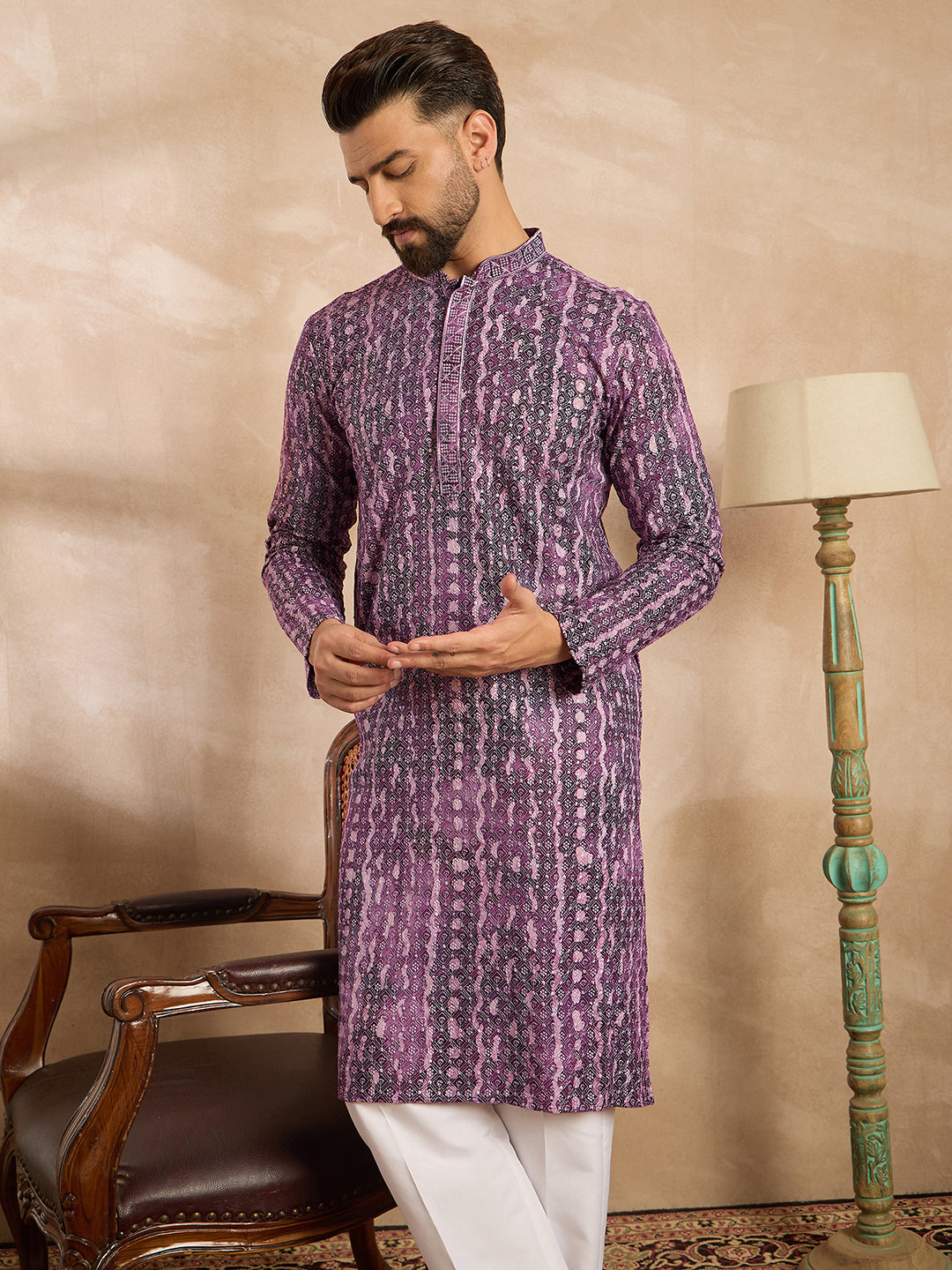 Ethnic Bay Men Purple Viscose Rayon Solid Printed Straight Kurta Sets
