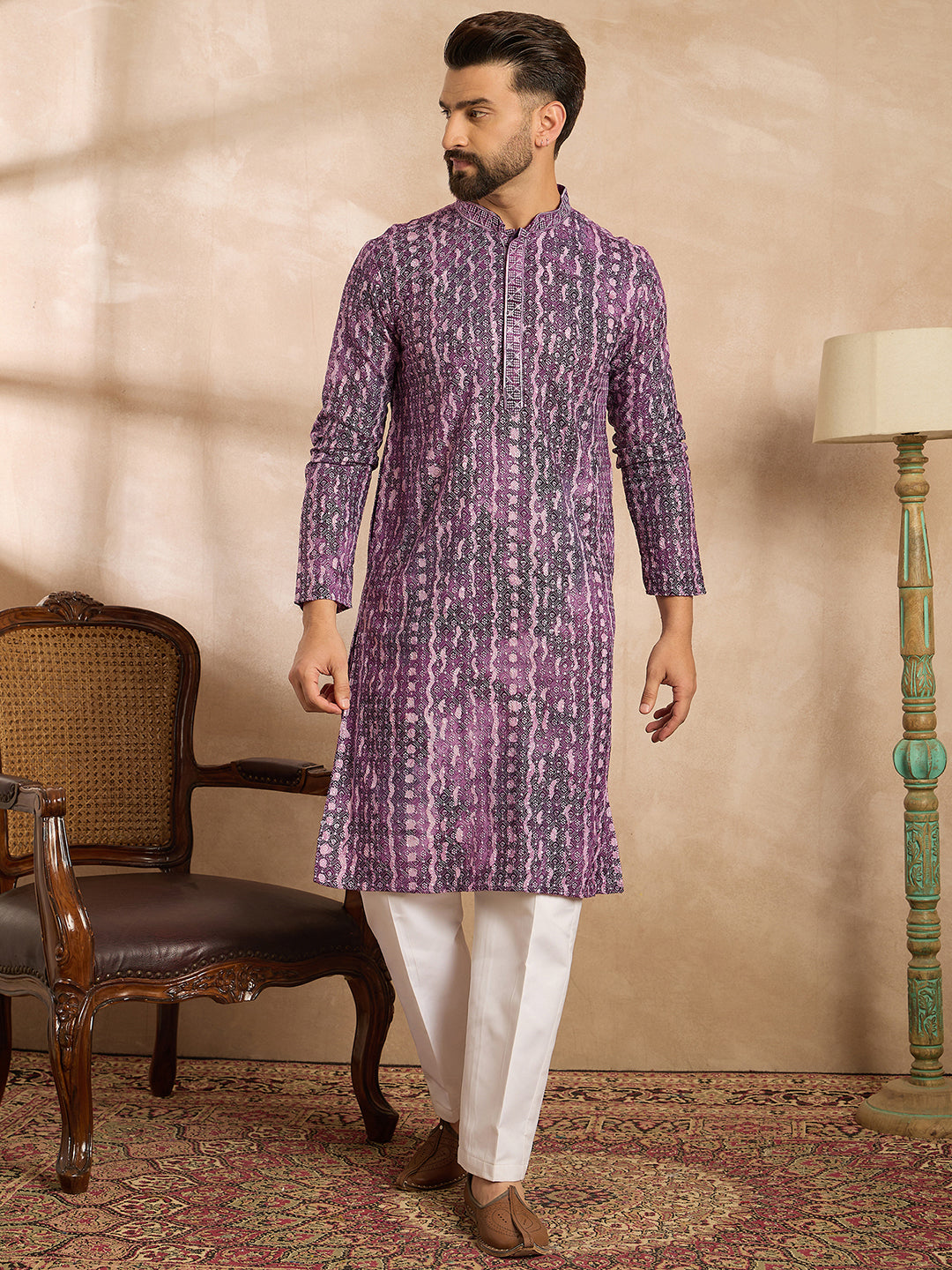 Ethnic Bay Men Purple Viscose Rayon Solid Printed Straight Kurta Sets