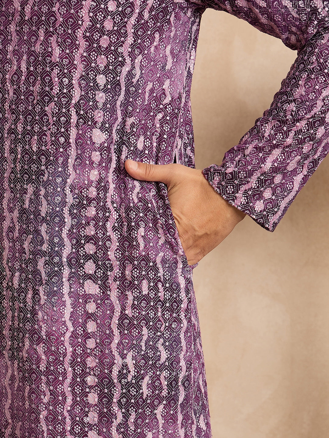 Ethnic Bay Men Purple Viscose Rayon Solid Printed Straight Kurta Sets