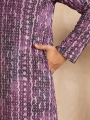 Ethnic Bay Men Purple Viscose Rayon Solid Printed Straight Kurta Sets-MKSET1658