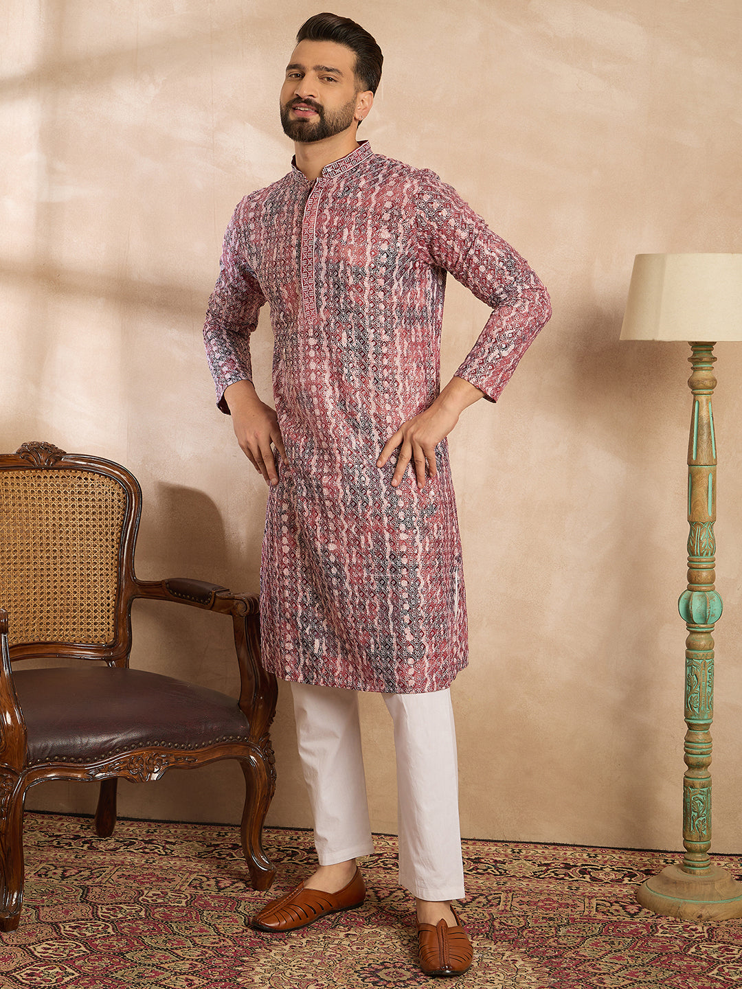 Ethnic Bay Men Brown Viscose Rayon Solid Printed Straight Kurta Sets