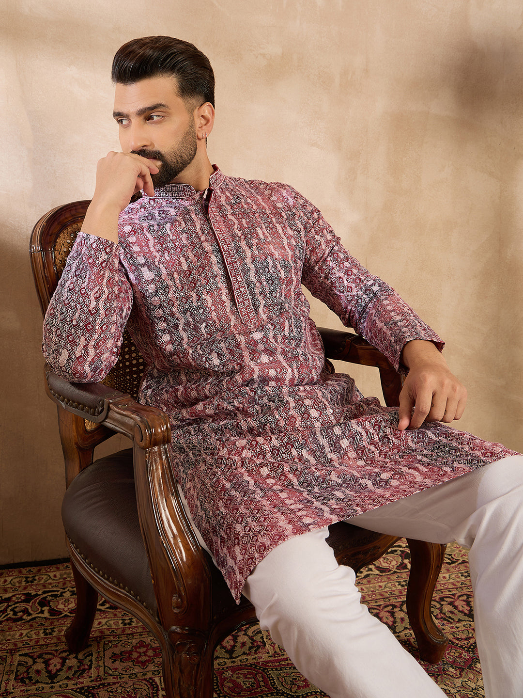 Ethnic Bay Men Brown Viscose Rayon Solid Printed Straight Kurta Sets