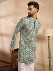 Ethnic Bay Men Green Silk Blend Solid Embroidered Straight Kurta Sets-MKSET1664