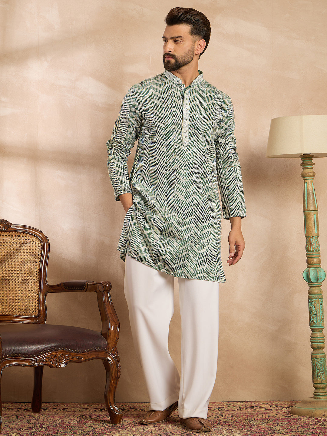 Ethnic Bay Men Green Silk Blend Solid Embroidered Straight Kurta Sets