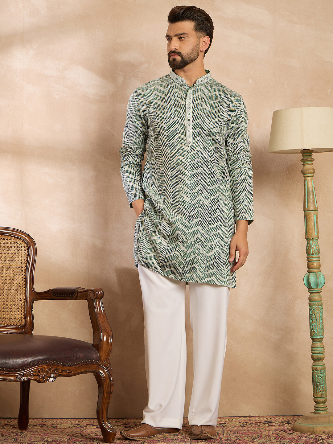 Ethnic Bay Men Green Silk Blend Solid Embroidered Straight Kurta Sets
