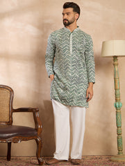 Ethnic Bay Men Green Silk Blend Solid Embroidered Straight Kurta Sets-MKSET1664