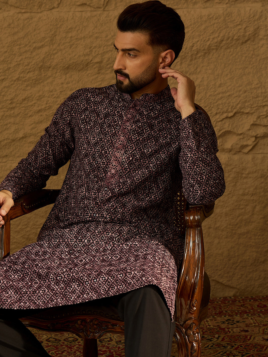 Ethnic Bay Men Black Viscose Rayon Solid Embroidered Straight Kurta with Trouser-MKSET1665