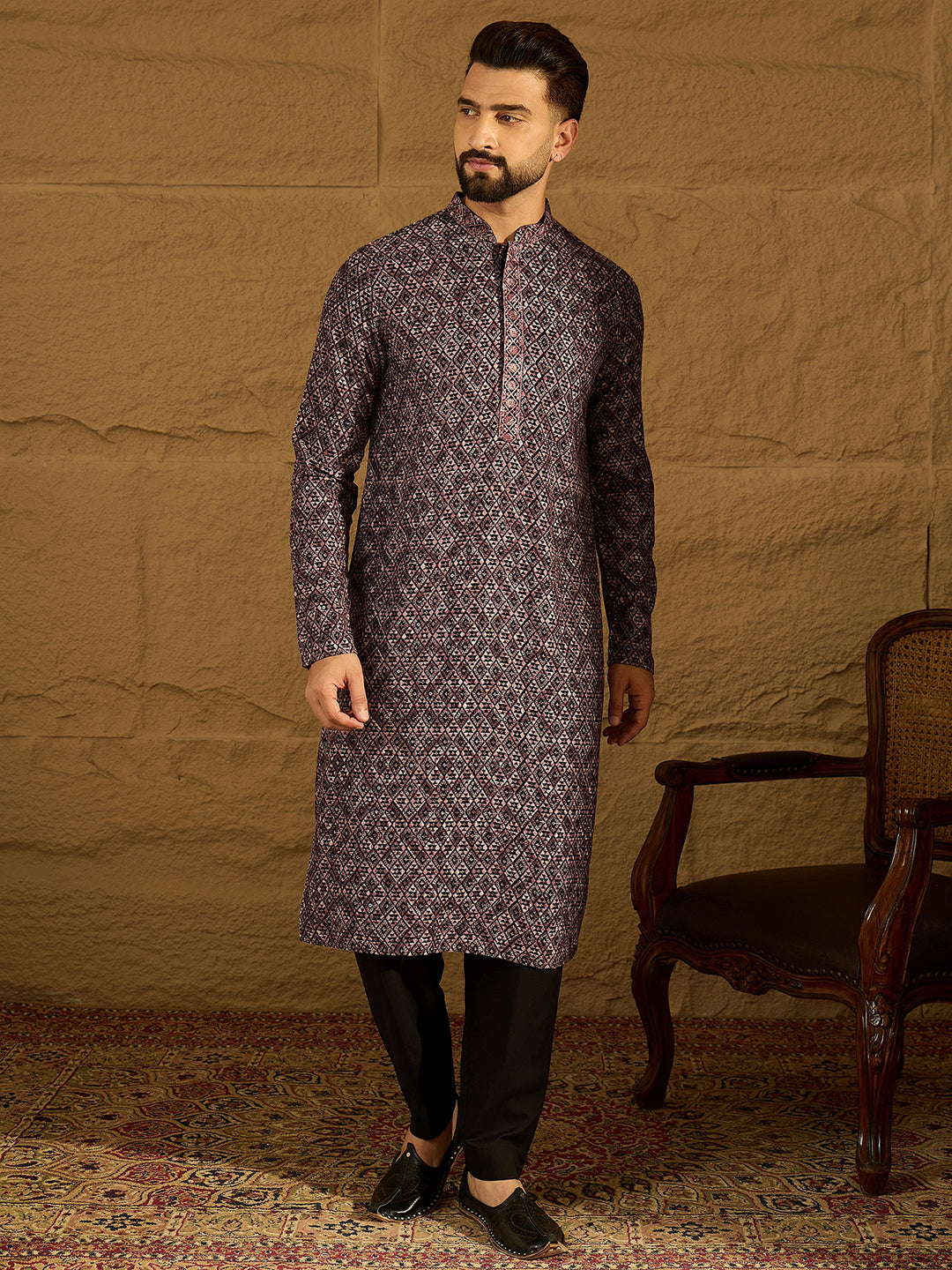 Ethnic Bay Men Black Viscose Rayon Solid Embroidered Straight Kurta with Trouser-MKSET1665