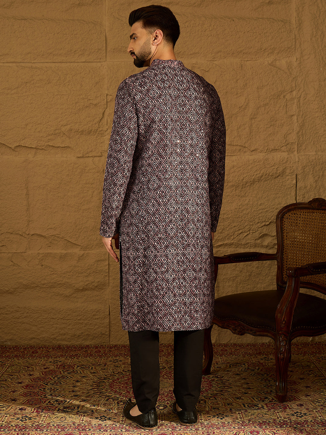 Ethnic Bay Men Black Viscose Rayon Solid Embroidered Straight Kurta with Trouser-MKSET1665