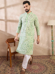 Ethnic Bay Men Green Viscose Rayon Ethnic Motifs Embroidered Straight Kurta With Trouser-MKSET1672