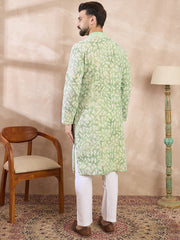 Ethnic Bay Men Green Viscose Rayon Ethnic Motifs Embroidered Straight Kurta With Trouser-MKSET1672