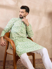 Ethnic Bay Men Green Viscose Rayon Ethnic Motifs Embroidered Straight Kurta With Trouser-MKSET1672