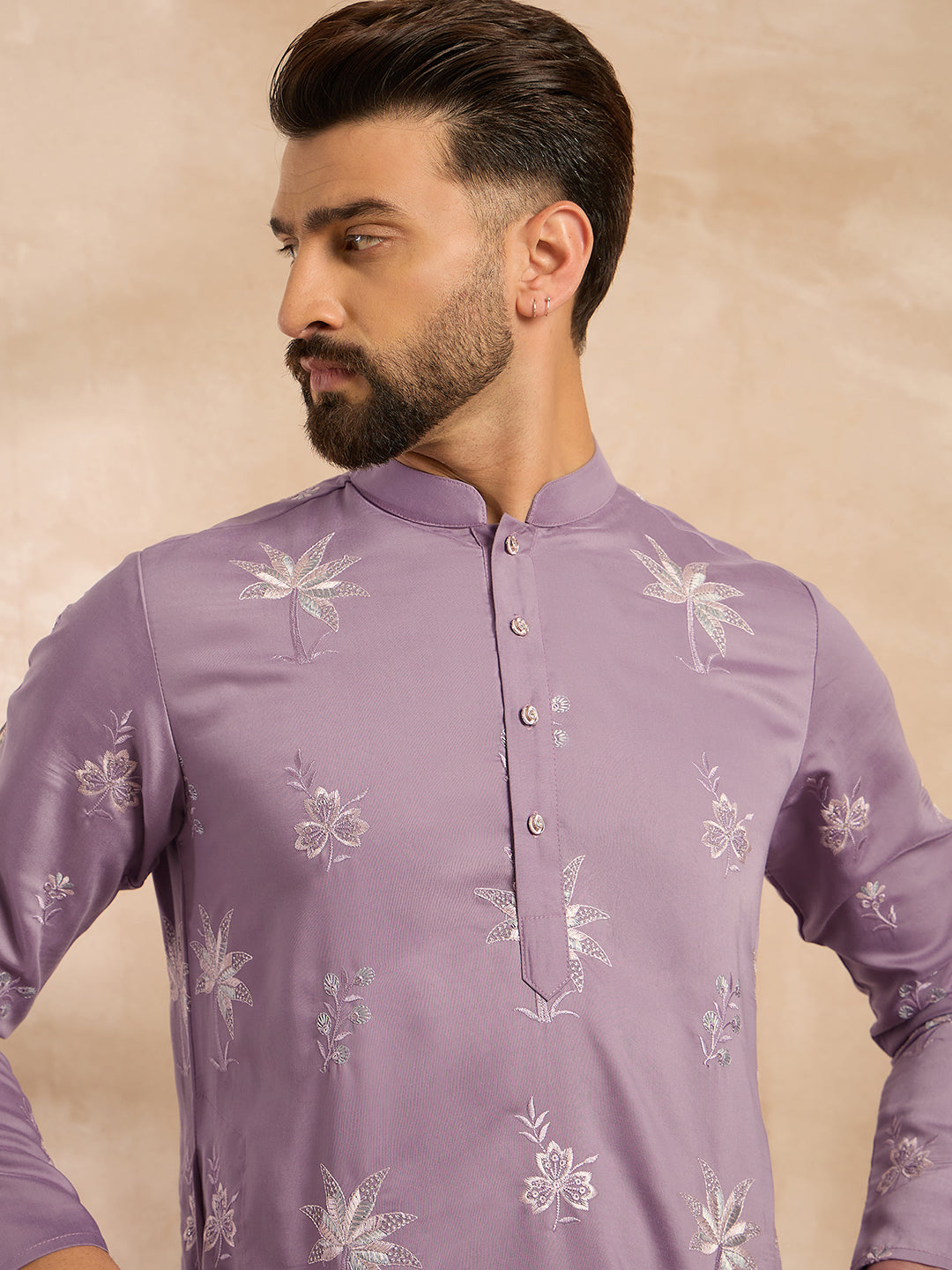 Ethnic Bay Men Lavender Silk Blend Solid Embroidered Straight Kurta Sets-MKSET1674