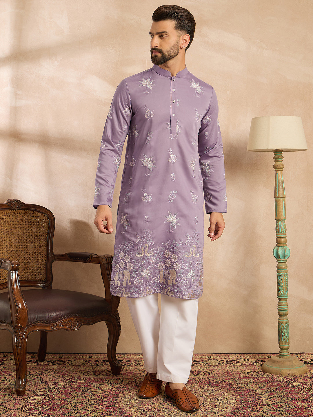 Ethnic Bay Men Lavender Silk Blend Solid Embroidered Straight Kurta Sets