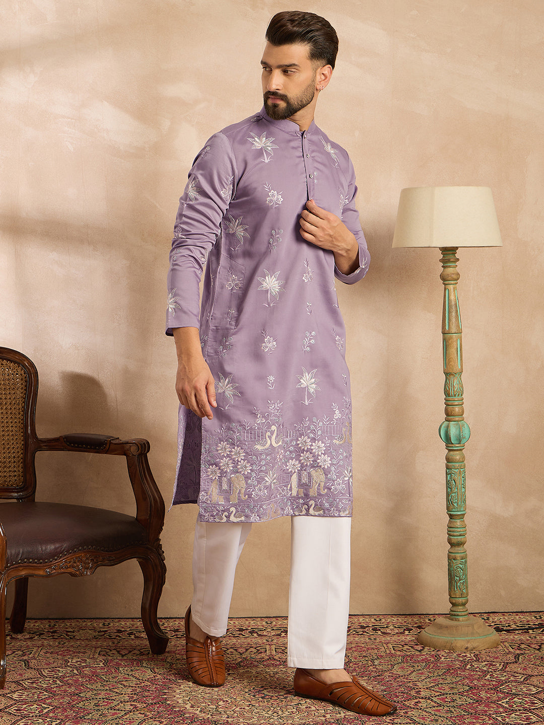 Ethnic Bay Men Lavender Silk Blend Solid Embroidered Straight Kurta Sets